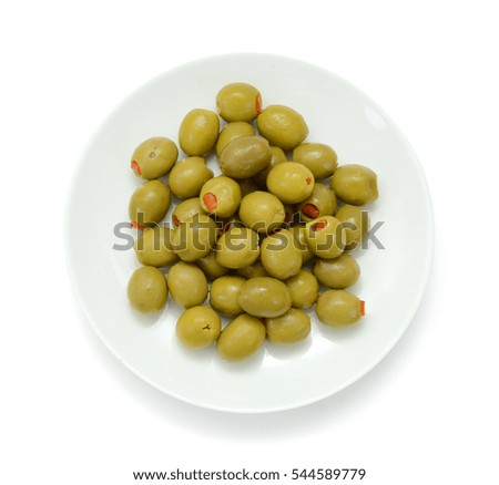 pickled olives on white plate, isolated on white background