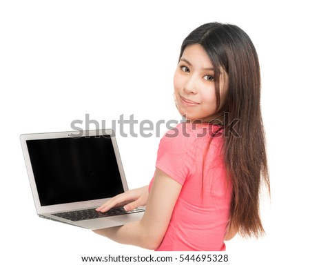 Young beautiful asian girl smiling using her laptop. Isolated on white background.
