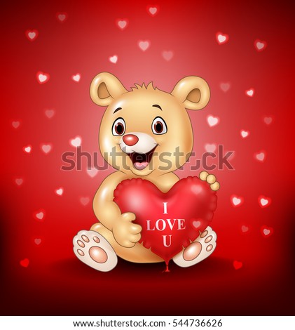 Cartoon bear holding red heart balloons