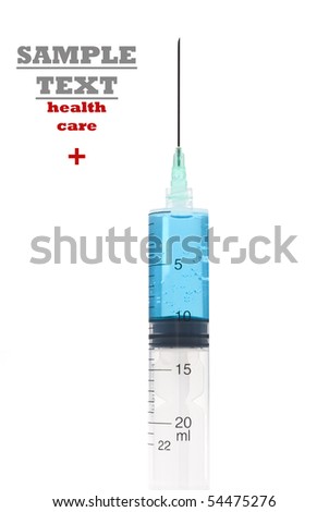 a Syringe filled with blue medicine on a pure white background with space for text