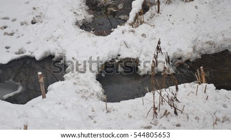 creek in the woods nature winter flowing water, small landscape river in the snow