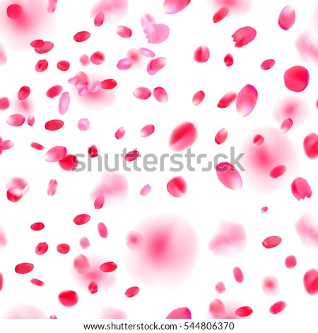 Beautiful background seamless pattern with red flying petals isolated on white. Floral romantic wallpaper. Vector illustration