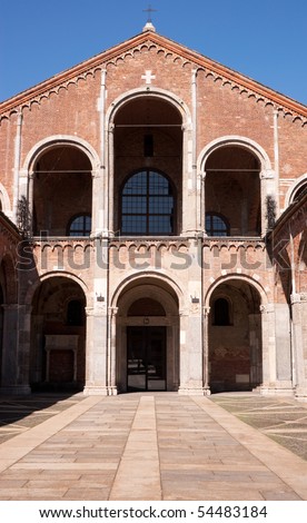 Front facade of St. Ambrose Basilica, one of the most ancient churches in Milan. Built in 379-386, it assumed the current appearance in 1099, when it was rebuilt in Romanesque architecture.