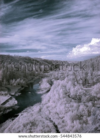 In infrared photography image sensor used is sensitive to infrared light. Wavelengths used for photography range about 900nm. South Ural Mountain. Infrared sharpness effect. Soft-focus