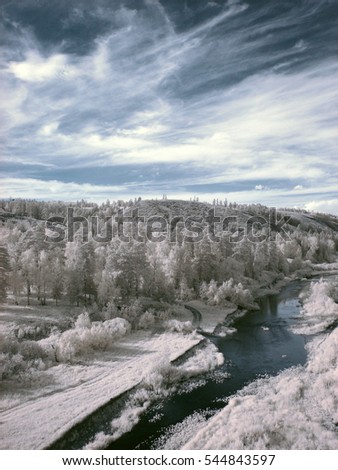 In infrared photography image sensor used is sensitive to infrared light. Wavelengths used for photography range about 900nm. South Ural Mountain. Infrared sharpness effect. Soft-focus