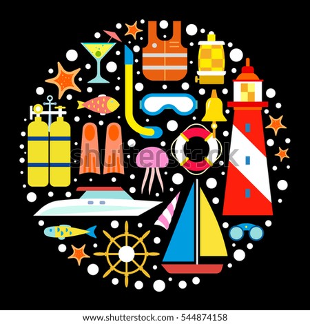 Sea vacation concept illustration. Marine theme design elements in trendy style. Vector icons and symbols about sea travel, yacht, boat, anchor, helm, compass, starfish. Emblem for cover, card.