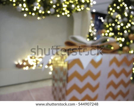 Christmas, New year gift box photo corner decoration interior in shopping mall, abstract blur background