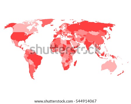 World map with names of sovereign countries and larger dependent territories. Simplified vector map in four shades of red on white background.