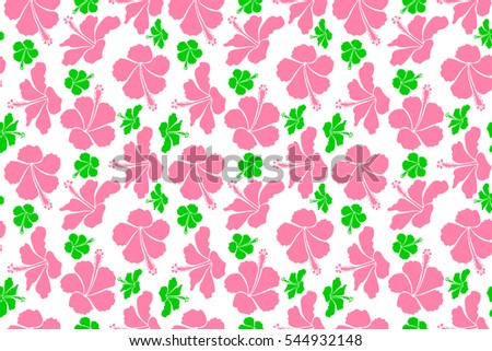 Vintage style. Tropical flowers, hibiscus leaves, hibiscus buds, seamless floral pattern on white background in green and pink colors.