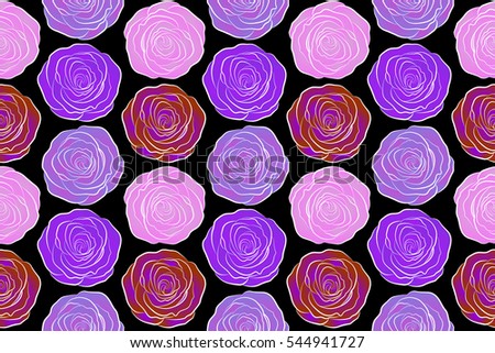Seamless pattern with violet, neutral and pink roses. Design of flowers in vintage style. Illustration of floral decoration on a black background.