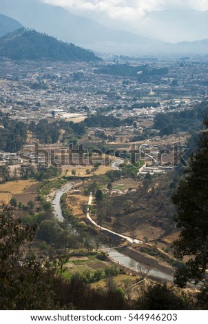 Guatemala mountain valley landscape background and river.