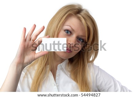 Young business woman shows a blank business card on a white background