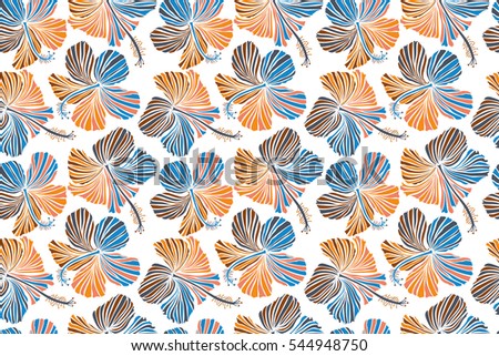 Bright hawaiian seamless pattern with tropical hibiscus flowers on white background in blue, orange and brown colors.