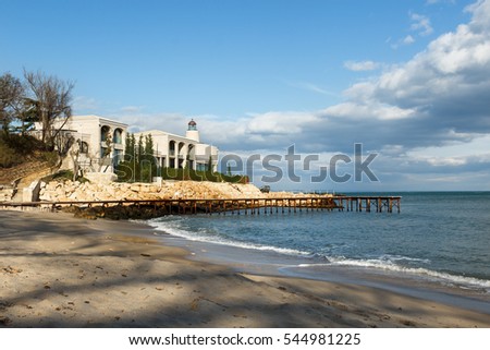 Small hotel on the beach of St. St. Constantin and Helena resort in Bulgaria with sea view against beautiful sky