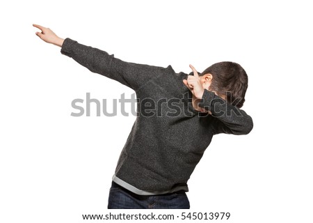 Guy making Dab, portrait in studio, isolated on white background Royalty-Free Stock Photo #545013979
