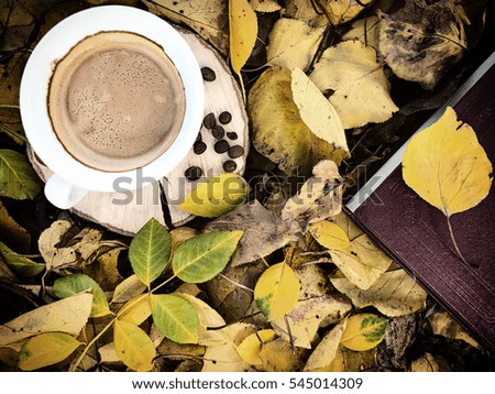 cup of black coffee among the fallen autumn foliage, view from above, vintage toning