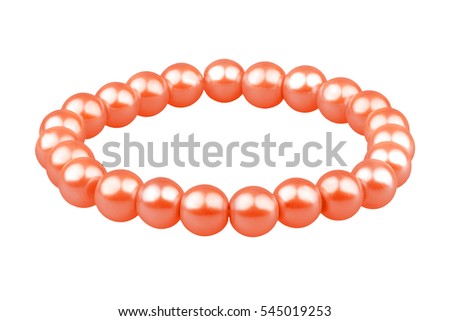 Orange elastic bracelet made of medium pearl-like round beads, isolated on white background, clipping path included