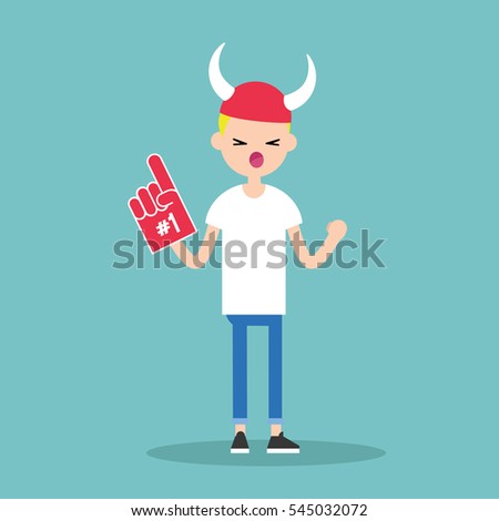 Young blond boy wearing horned hat and foam finger / flat editable vector illustration, clip art