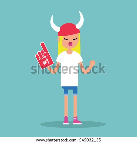 Young blond girl wearing horned hat and foam finger / flat editable vector illustration, clip art