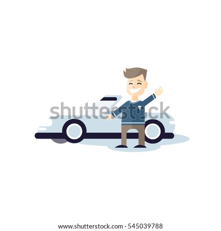 Happy motorist near his car. Flat Vector illustration, Friendly man saying "Hello" and waving hand