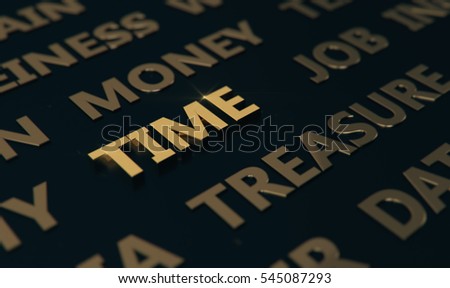Time - Gold text on black background - 3D rendered royalty free stock picture, can be used for an online website banner ad or a print postcard.