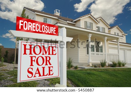 Foreclosure Home For Sale Sign and House with dramatic sky background.