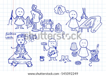 Workers fashion studio. Sewing and needlework doodle icons set. Vector illustration on notebook page.