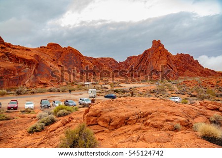 Valley of Fire State Park, Nevada, USA - December 23, 2016:  Panorama of the many spectacular red rock formations found in this state park located near Overton, and 55 miles northeast of Las Vegas.