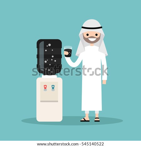 Smiling arabic businessman wearing national costume and drinking oil from the water cooler / editable vector cartoon, clip art