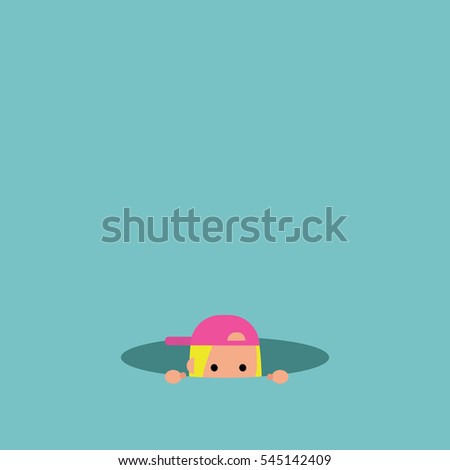 Curious blond girl hiding in the hole and prying / editable flat vector illustration, clip art