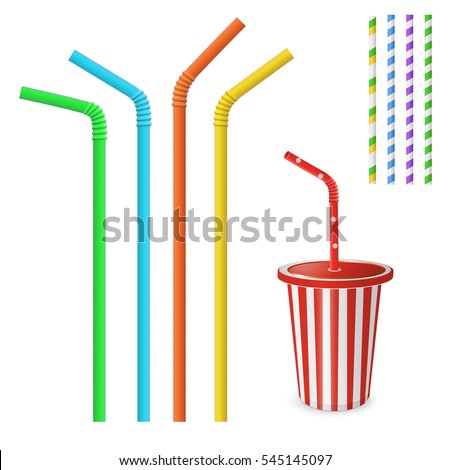 Straw for beverage. Striped and colorful straws. Drinking straw isolated on a white background. Plastic fastfood cup for beverages with straw. Royalty-Free Stock Photo #545145097
