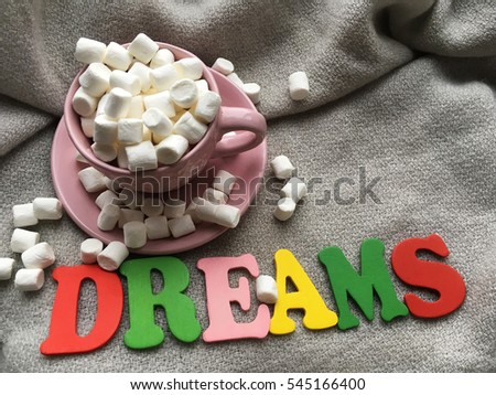 Shabby pink cup with marshmellows. Dreams wooden letters on grey blanket. 