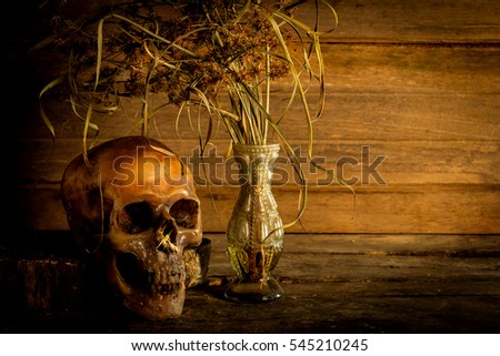 Still Life with Skull and vase,earthenware on wooden background
