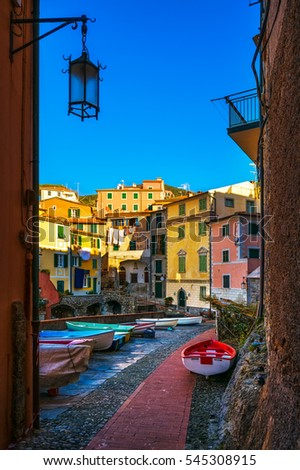 Tellaro village street and boats. Five lands, Cinque Terre, Liguria Italy Europe.