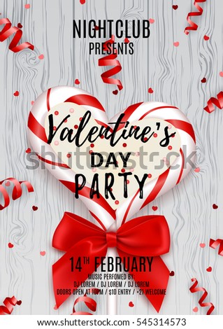 Poster for Valentine's Day party. Beautiful invitation with lollipop and red bow. Vector illustration with confetti and serpentine. Candy in the form of heart isolated on wooden texture.
