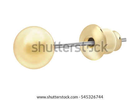 Close-up of simple golden earrings with one big golden pearl, isolated on white background, clipping path included