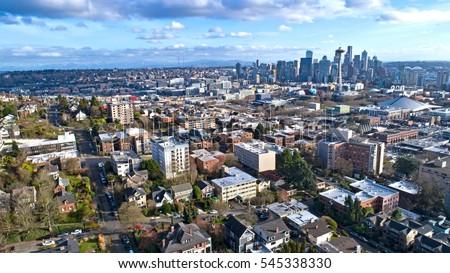 Seattle Wa Aerial View of Elliot Bay, Urban Development, City Skyline