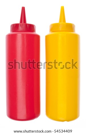Summer Picnic Concept with Bottles of Ketchup and Mustard.  Isolated on White with a Clipping Path. Royalty-Free Stock Photo #54534409
