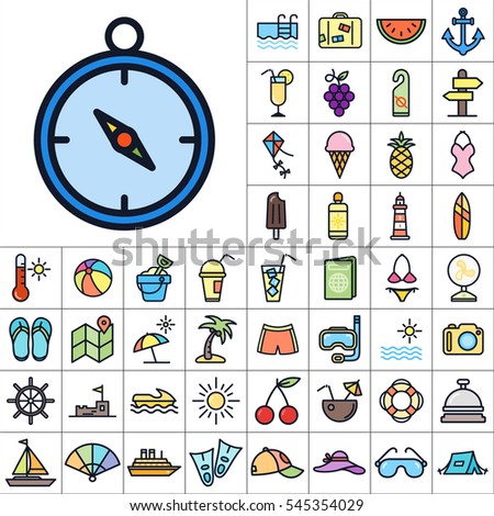 Set of Summer Icons. Contains such Icons as Sun, Umbrella, Ananas, Ice-Cream, Case, Life Buoy, Coconout, Compass, Ship, Sunglasses and more. Editable Vector. Pixel Perfect.