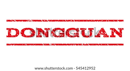 Dongguan watermark stamp. Text tag between horizontal parallel lines with grunge design style. Rubber seal stamp with dirty texture. Vector intensive red color ink imprint on a white background.