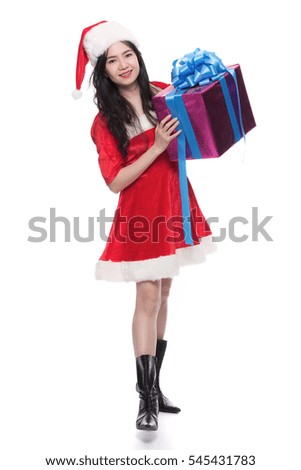 Happy Christmas beauty woman wears red shirt isolated white background, Asian Christmas santa hat concepts.