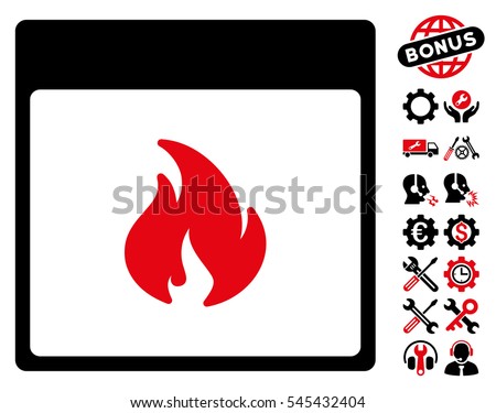 Fire Calendar Page pictograph with bonus configuration clip art. Vector illustration style is flat iconic symbols, intensive red and black, white background.