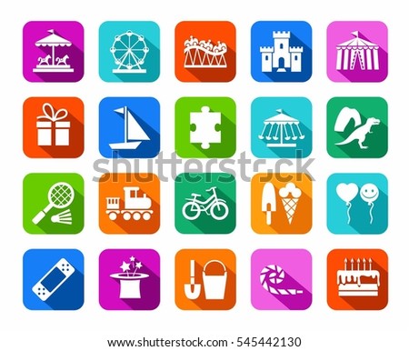 Children's games and entertainment, icons, colored, flat, vector.  Vector icons of items and objects for children. Children's rest. White images on a colored background with a shadow.  