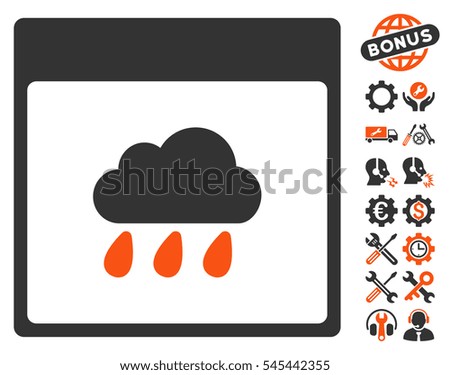Rain Cloud Calendar Page icon with bonus setup tools clip art. Vector illustration style is flat iconic symbols, orange and gray, white background.