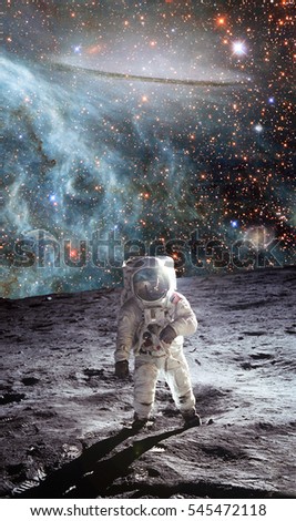 Astronaut on lunar (moon) with shadow. With universe space and planets in background. Elements of this image furnished by NASA.