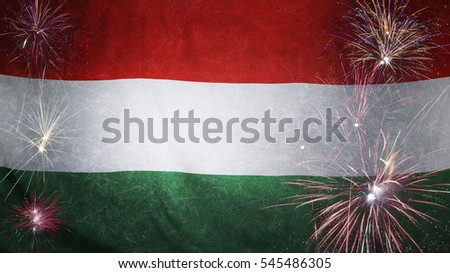 Textile flag of Hungary with firework grunge concept seamless close up with wind waves in the real fabric
