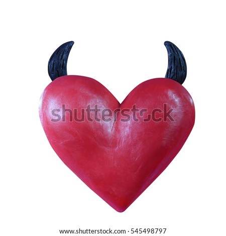 Plasticine handmade heart with devil`s horns isolated on white background. Valentine`s Day symbols.