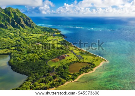 Aerial view of Kualoa Point at Kaneohe Bay, Hawaii, Oahu, Hawaii, USA Royalty-Free Stock Photo #545573608