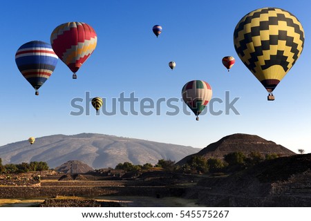 Balloons above pyramid of the moon and the pyramid of the sun - Teotihuacan, Mexico