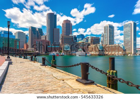 Boston skyline in sunny summer day, view from harbor on downtown, Massachusetts, USA Royalty-Free Stock Photo #545633326
